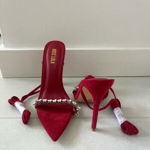 SOLD Miss Lola Red Stiletto Heels with Rhinestone Detail